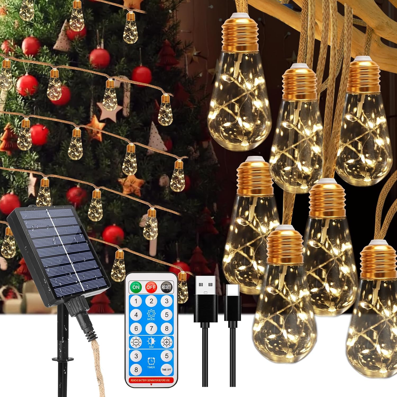Guirnalda Luces Exterior Solares,16 Bombillas 8M LED Guirnalda Luces Solar Impermeablet, 8 Modos Cuerda de Cáñamo Vintage Luces Exterior Solar Blanco Cálido para Jardín Boda Balcón Pabellón